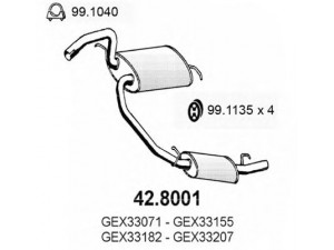 ASSO 42.8001 vidurinis / galinis duslintuvas 
 Išmetimo sistema -> Duslintuvas
DBP3708, GEX33071, GEX33155, GEX33182