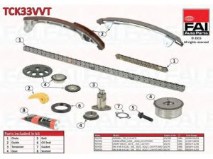 FAI AutoParts TCK33VVT pavaros grandinės komplektas 
 Variklis -> Variklio uždegimo laiko reguliavimo kontrolė -> Sinchronizavimo grandinė/įtempiklis/kreiptuvas -> Pavaros grandinės komplektas
13506-28010, 13507-28010