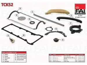 FAI AutoParts TCK52 pavaros grandinės komplektas 
 Variklis -> Variklio uždegimo laiko reguliavimo kontrolė -> Sinchronizavimo grandinė/įtempiklis/kreiptuvas -> Pavaros grandinės komplektas
1089822