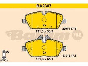 BARUM BA2307 stabdžių trinkelių rinkinys, diskinis stabdys 
 Techninės priežiūros dalys -> Papildomas remontas
34 11 6 767 143, 34 11 6 767 144