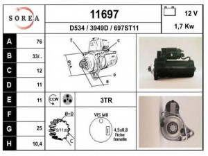 EAI 11697 starteris 
 Elektros įranga -> Starterio sistema -> Starteris
95VW11000EB, 95VW11000EC, 95VW11000GA
