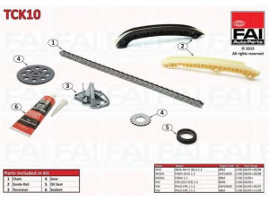 FAI AutoParts TCK10 pavaros grandinės komplektas 
 Variklis -> Variklio uždegimo laiko reguliavimo kontrolė -> Sinchronizavimo grandinė/įtempiklis/kreiptuvas -> Pavaros grandinės komplektas
03D109229, 03D109229S2