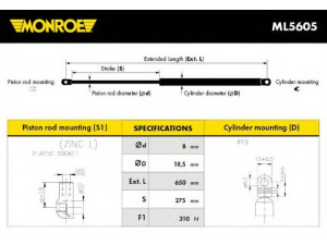 MONROE ML5605 dujinė spyruoklė, bagažinė 
 Priedai -> Bagažinė/pakrovimo skyrius
95635989, 9563598980