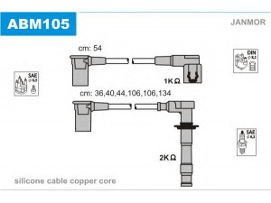 JANMOR ABM105 uždegimo laido komplektas 
 Kibirkšties / kaitinamasis uždegimas -> Uždegimo laidai/jungtys
91160200303, 91160201102, 91160201103