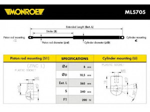 MONROE ML5705 dujinė spyruoklė, gaubtas 
 Kėbulas -> Dujinės spyruoklės
81181-3E000, 81181-3E010, 81181-3E011