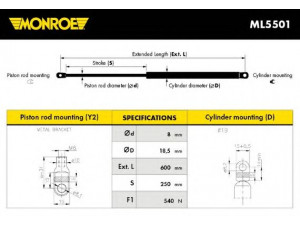 MONROE ML5501 dujinė spyruoklė, bagažinė 
 Priedai -> Bagažinė/pakrovimo skyrius
39481770, XO-39481770