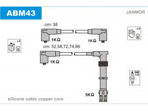 JANMOR ABM43 uždegimo laido komplektas 
 Kibirkšties / kaitinamasis uždegimas -> Uždegimo laidai/jungtys
N10190202, N10190203, N10190204