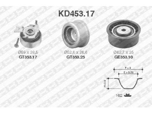 SNR KD453.17 paskirstymo diržo komplektas 
 Techninės priežiūros dalys -> Papildomas remontas
1606189, 1606262, 1606306, 5636426