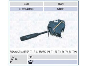 MAGNETI MARELLI 510033451501 vairo kolonėlės jungiklis 
 Vidaus įranga -> Rankinės/kojinės svirties sistema
7700779565