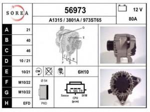 EAI 56973 kintamosios srovės generatorius 
 Elektros įranga -> Kint. sr. generatorius/dalys -> Kintamosios srovės generatorius
1140135, 2S6T10300AA, 2S6T10300AB