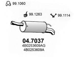 ASSO 04.7037 galinis duslintuvas 
 Išmetimo sistema -> Duslintuvas
4B0253609A, 4B0253609AE, 4B0253609AG