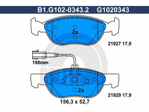 GALFER B1.G102-0343.2 stabdžių trinkelių rinkinys, diskinis stabdys 
 Techninės priežiūros dalys -> Papildomas remontas
71753043, 77362300, 9947776