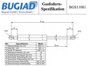BUGIAD BGS11081 dujinė spyruoklė, bagažinė 
 Priedai -> Bagažinė/pakrovimo skyrius
4809275, 96661403, 96830123