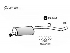 ASSO 36.6053 vidurinis duslintuvas 
 Išmetimo sistema -> Duslintuvas
1717Q8, 1717R1, 9456200880, 9456201780