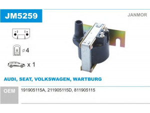 JANMOR JM5259 ritė, uždegimas 
 Kibirkšties / kaitinamasis uždegimas -> Uždegimo ritė
191905115A, 211905115D, 811905115