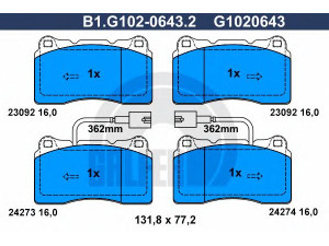 GALFER B1.G102-0643.2 stabdžių trinkelių rinkinys, diskinis stabdys 
 Techninės priežiūros dalys -> Papildomas remontas
77362722