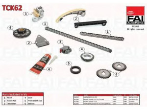 FAI AutoParts TCK62 pavaros grandinės komplektas 
 Variklis -> Variklio uždegimo laiko reguliavimo kontrolė -> Sinchronizavimo grandinė/įtempiklis/kreiptuvas -> Pavaros grandinės komplektas
12762-77E00, 12811-77E00