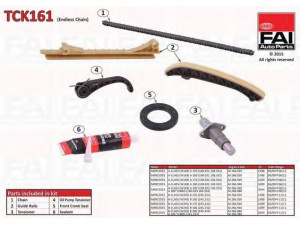 FAI AutoParts TCK161 pavaros grandinės komplektas 
 Variklis -> Variklio uždegimo laiko reguliavimo kontrolė -> Sinchronizavimo grandinė/įtempiklis/kreiptuvas -> Pavaros grandinės komplektas
2660500211S1