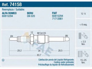 FAE 74158 kaitinimo žvakė; kaitinimo žvakė, papildomas šildytuvas 
 Kibirkšties / kaitinamasis uždegimas -> Kaitinimo kaištis
60815294, 60815294, 71713981