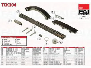 FAI AutoParts TCK104 pavaros grandinės komplektas 
 Variklis -> Variklio uždegimo laiko reguliavimo kontrolė -> Sinchronizavimo grandinė/įtempiklis/kreiptuvas -> Pavaros grandinės komplektas
90529247