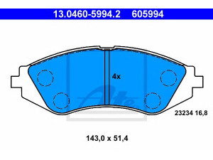 ATE 13.0460-5994.2 stabdžių trinkelių rinkinys, diskinis stabdys 
 Techninės priežiūros dalys -> Papildomas remontas
96281937, 96281939, S4510011