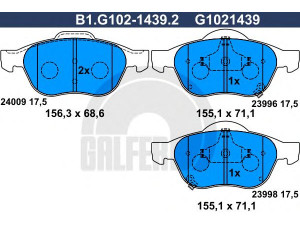 GALFER B1.G102-1439.2 stabdžių trinkelių rinkinys, diskinis stabdys 
 Techninės priežiūros dalys -> Papildomas remontas
04465-05050, 04465-05070, 04465-05080