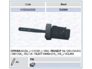MAGNETI MARELLI 510033423002 vairo kolonėlės jungiklis 
 Vidaus įranga -> Rankinės/kojinės svirties sistema
625342, 97530385, 625342, 9753038580