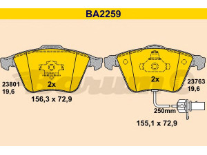 BARUM BA2259 stabdžių trinkelių rinkinys, diskinis stabdys 
 Techninės priežiūros dalys -> Papildomas remontas
8E0 698 151 G, 8E0 698 151 L, 4E0 698 151 F