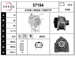 EAI 57194 kintamosios srovės generatorius 
 Elektros įranga -> Kint. sr. generatorius/dalys -> Kintamosios srovės generatorius
8200410669, 8200588648, 8200667619