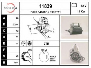 EAI 11839 starteris 
 Elektros įranga -> Starterio sistema -> Starteris
95VW11000BA, 95VW11000BB, 020911023A