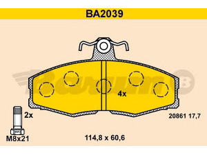 BARUM BA2039 stabdžių trinkelių rinkinys, diskinis stabdys 
 Techninės priežiūros dalys -> Papildomas remontas
004 532 247 A, 115 430 280, 115 430 285