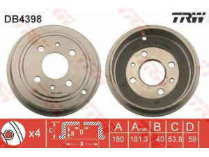 TRW DB4398 stabdžių būgnas 
 Stabdžių sistema -> Būgninis stabdys -> Stabdžių būgnas
0000051900803, 46819776, 51863509