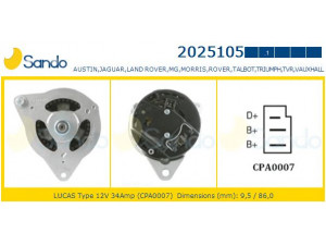 SANDO 2025105.1 kintamosios srovės generatorius 
 Elektros įranga -> Kint. sr. generatorius/dalys -> Kintamosios srovės generatorius
77FB10300FA, 91008979